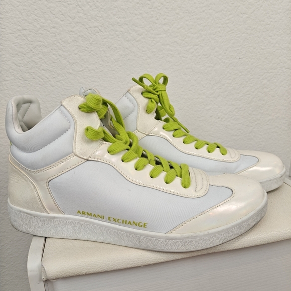 Armani Exchange High Top Lace Sneakers In Op White Acid Lime Size 9 Women's - Picture 2 of 10